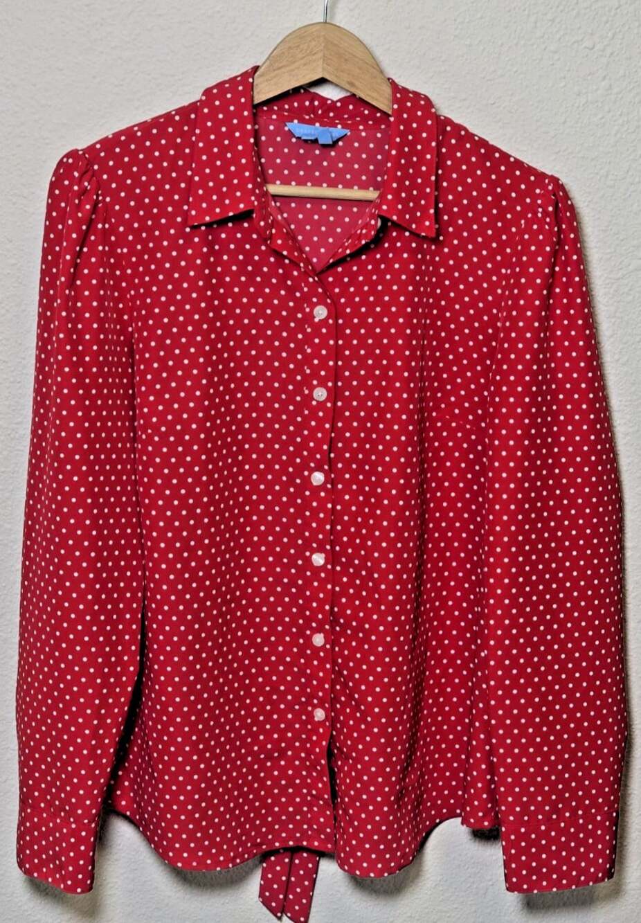 Draper James Womens Size 12 Red White Polka Dot Tie Neck Blouse Button Up